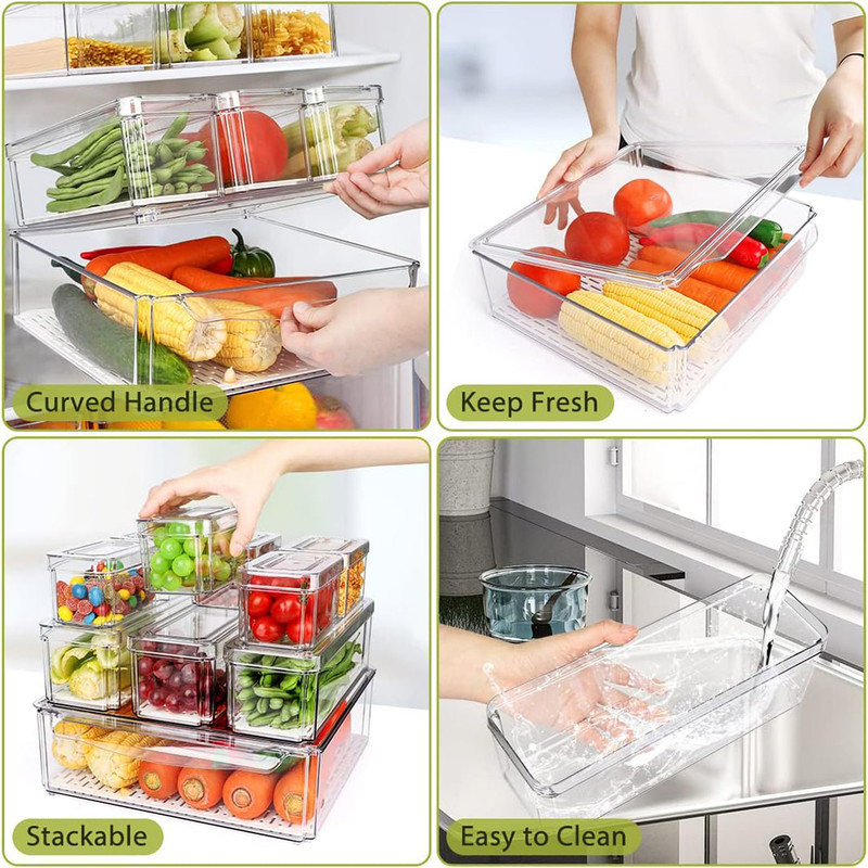 10-pack Clear Stackable Refrigerator Organizer Bins with 4 outlet liners